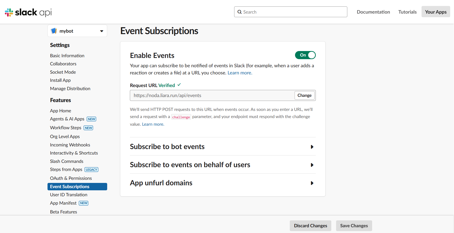 enable events in slack app