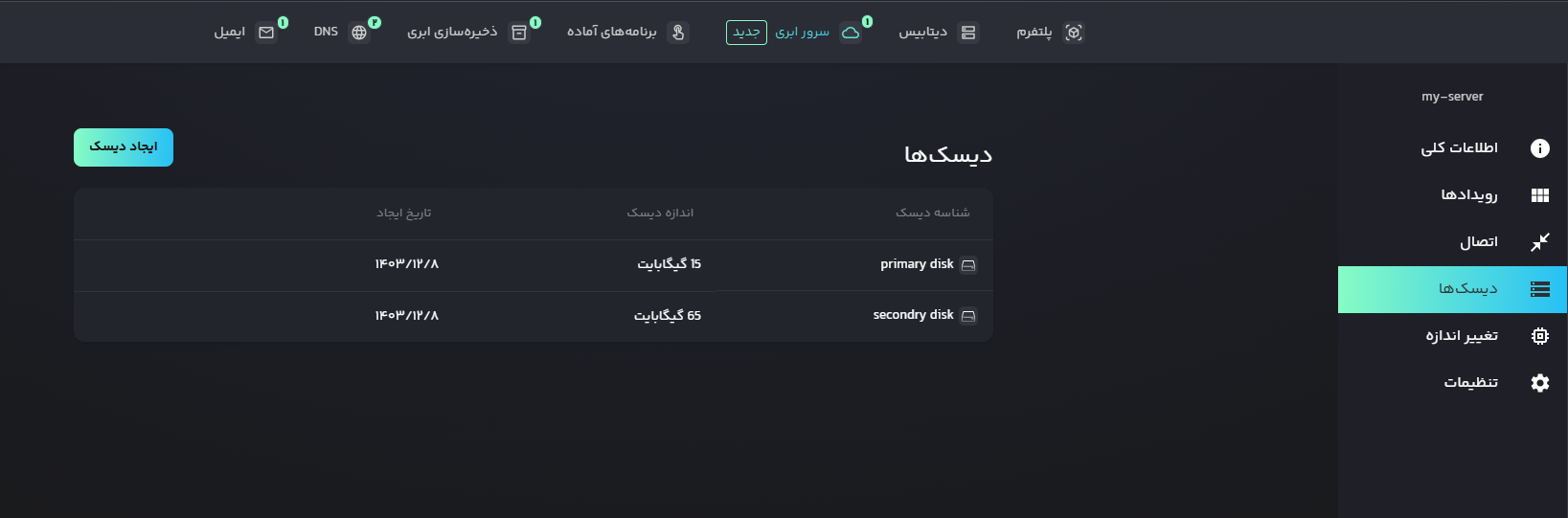 مشاهده دیسکهای سرور مجازی ابری