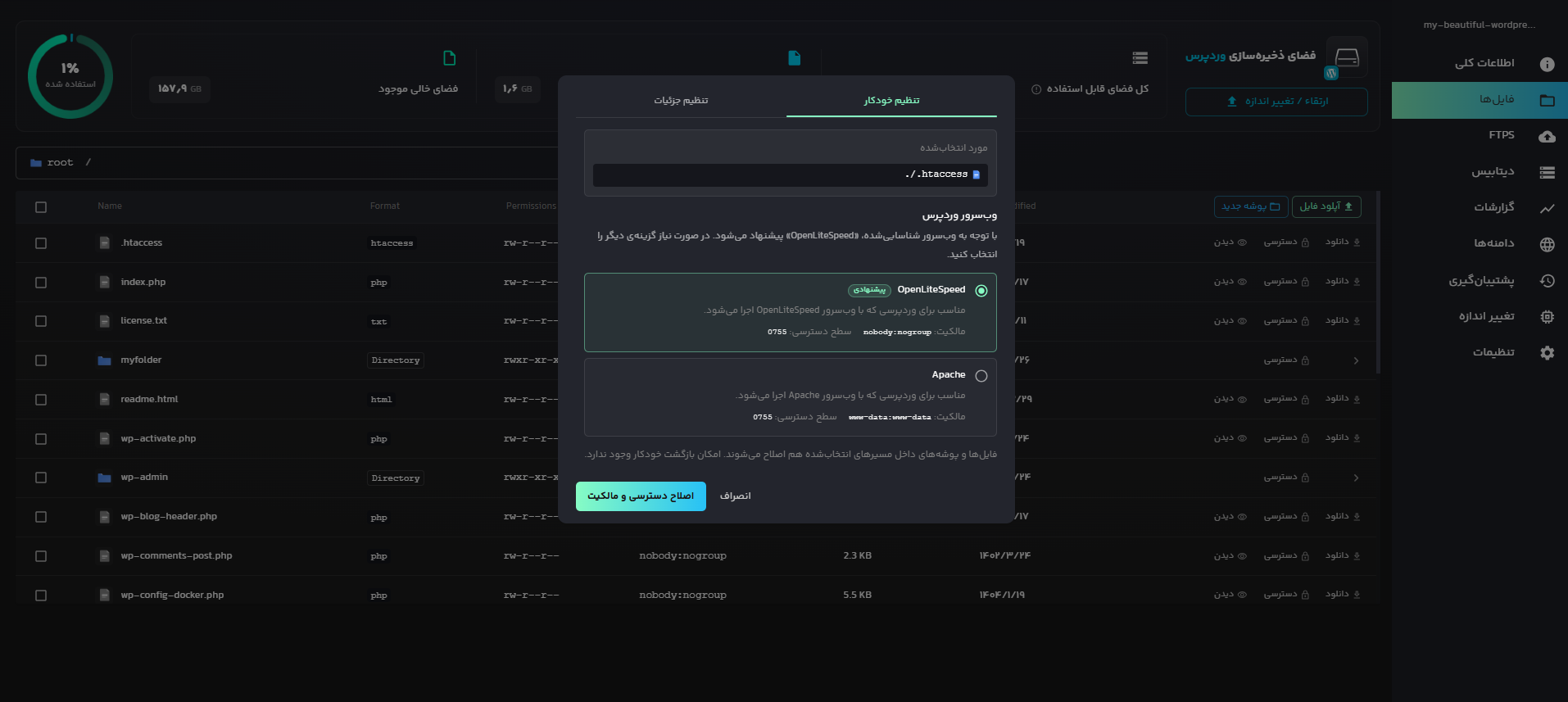 automatic permission and ownership setup in WordPress file manager